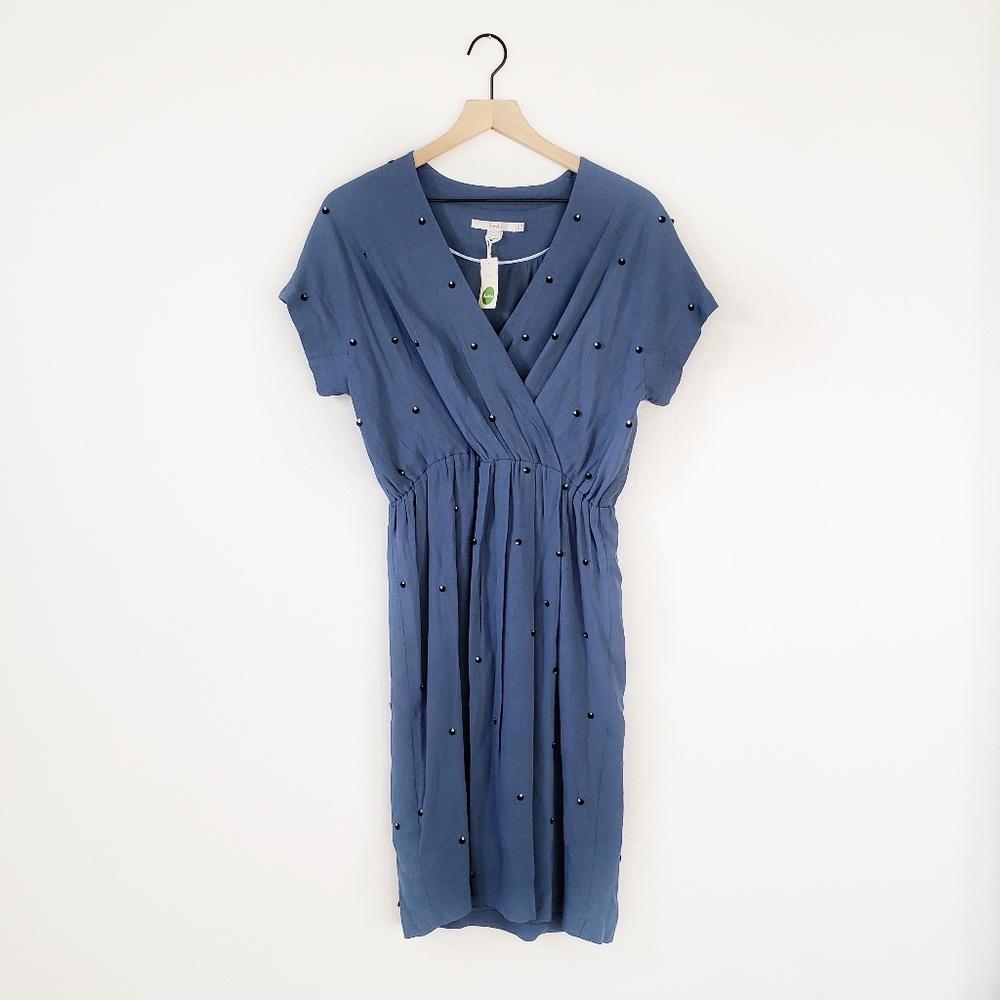 NWOT Boden Blue Wrap Dot Beaded Midi Dress